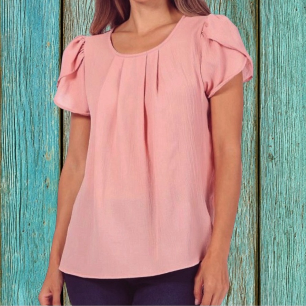 You & Me Women’s Plus 3X Dusty Pink Tulip Sleeve Pleated Front Crinkle Blouse